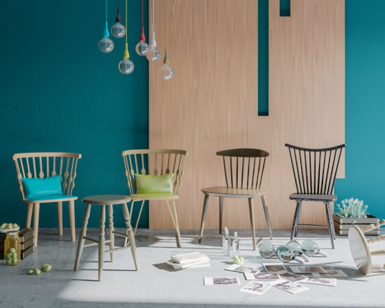 Architectural Visualization of Chairs and photos with green and wood walls