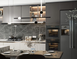 Architectural Visualization of a gray kitchen with dining island